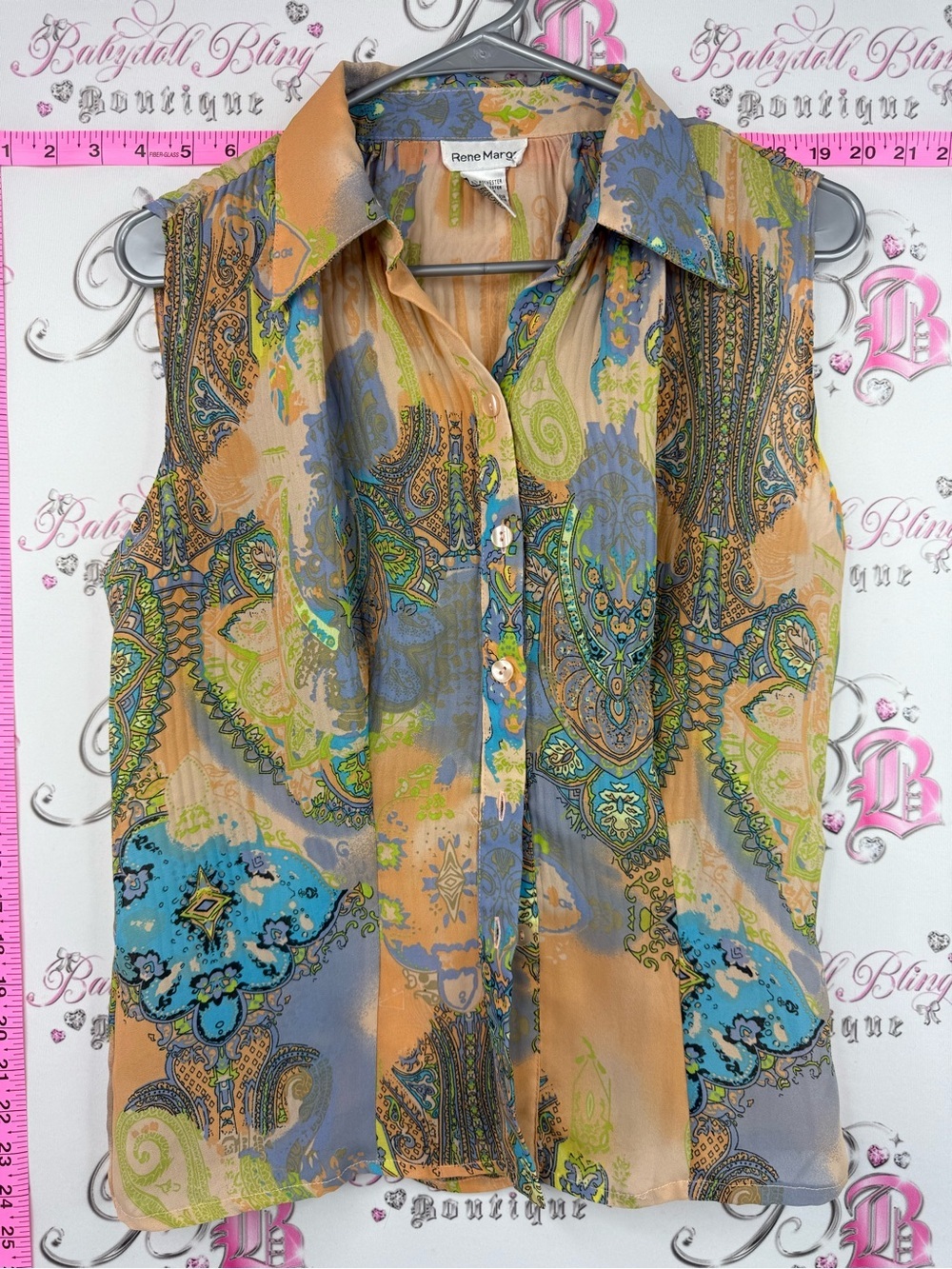 Rene Margo tank  Paisley Print Sleeveless Button Front Top in Tan, Blue & Green